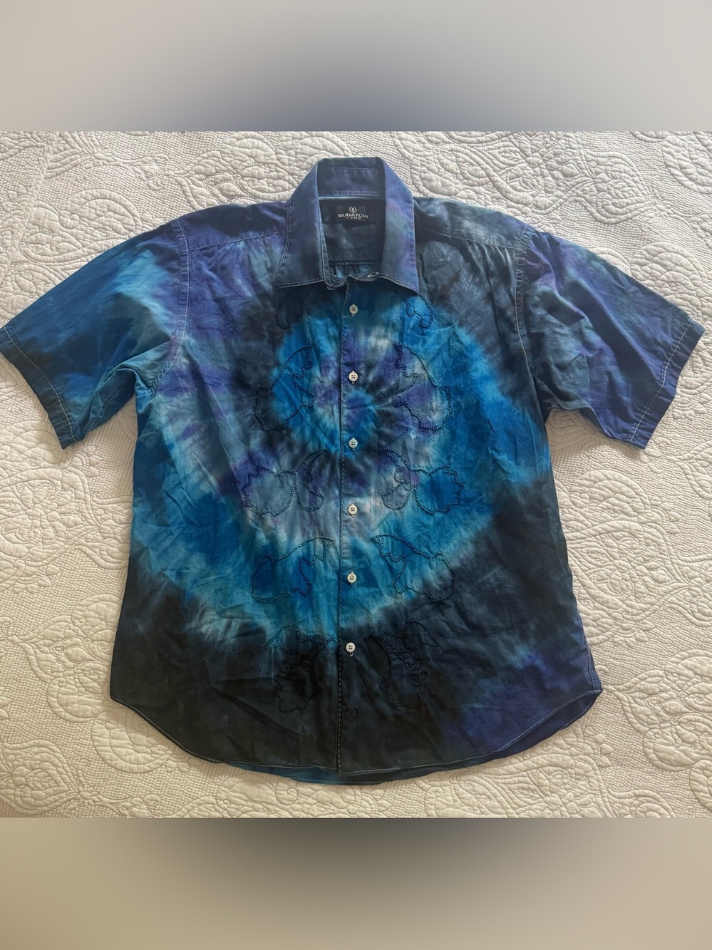 Vintage Bugatchi Uomo Blue Spiral Tie Dye Button Up Shirt Tonal Embroidary Sz L